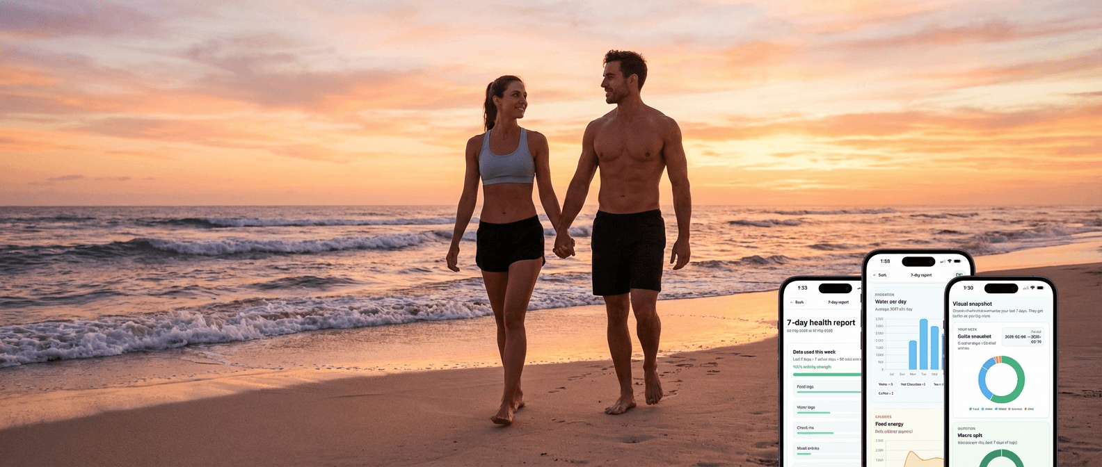 Couple walking on the beach at sunset