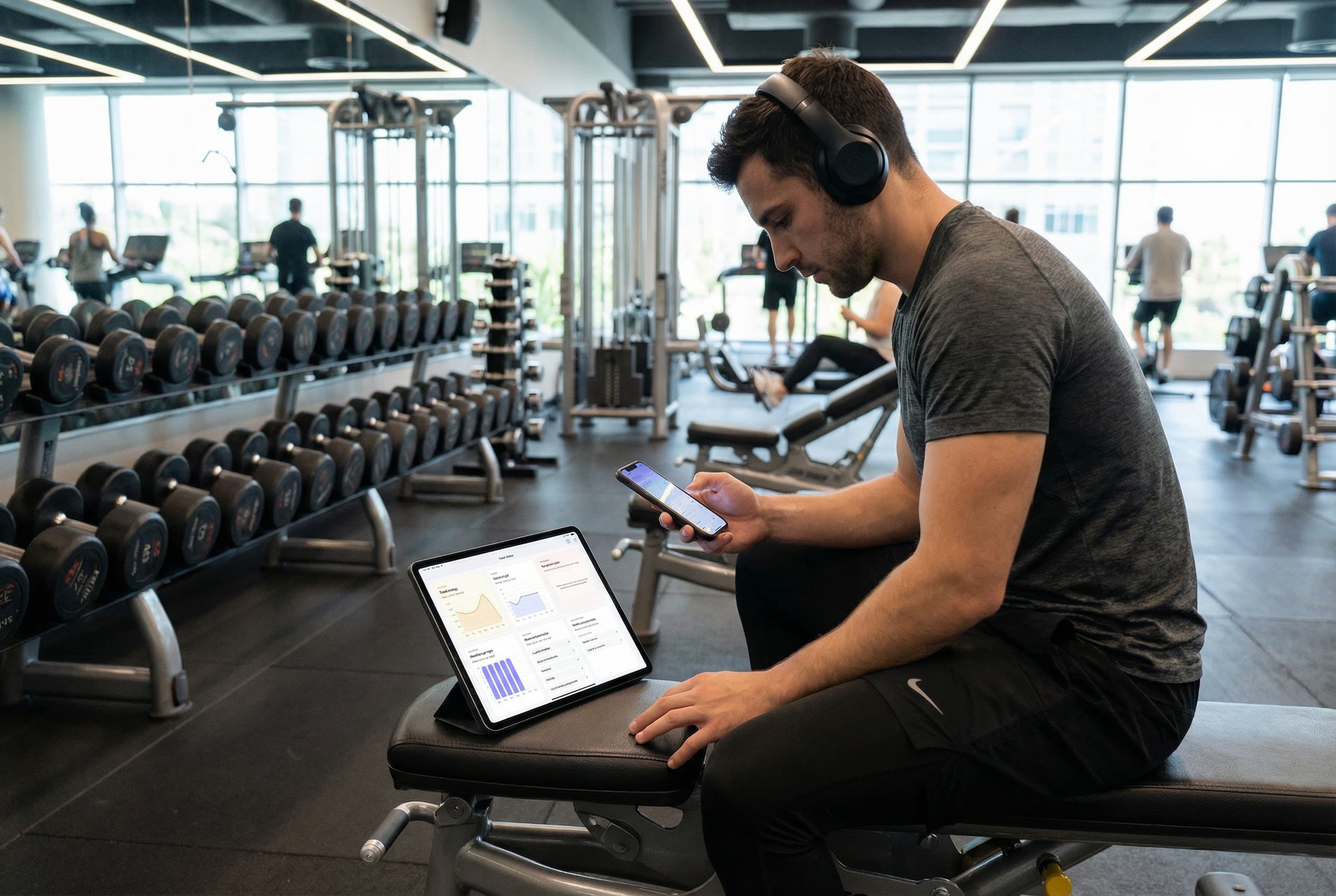Man in gym reviewing health insights