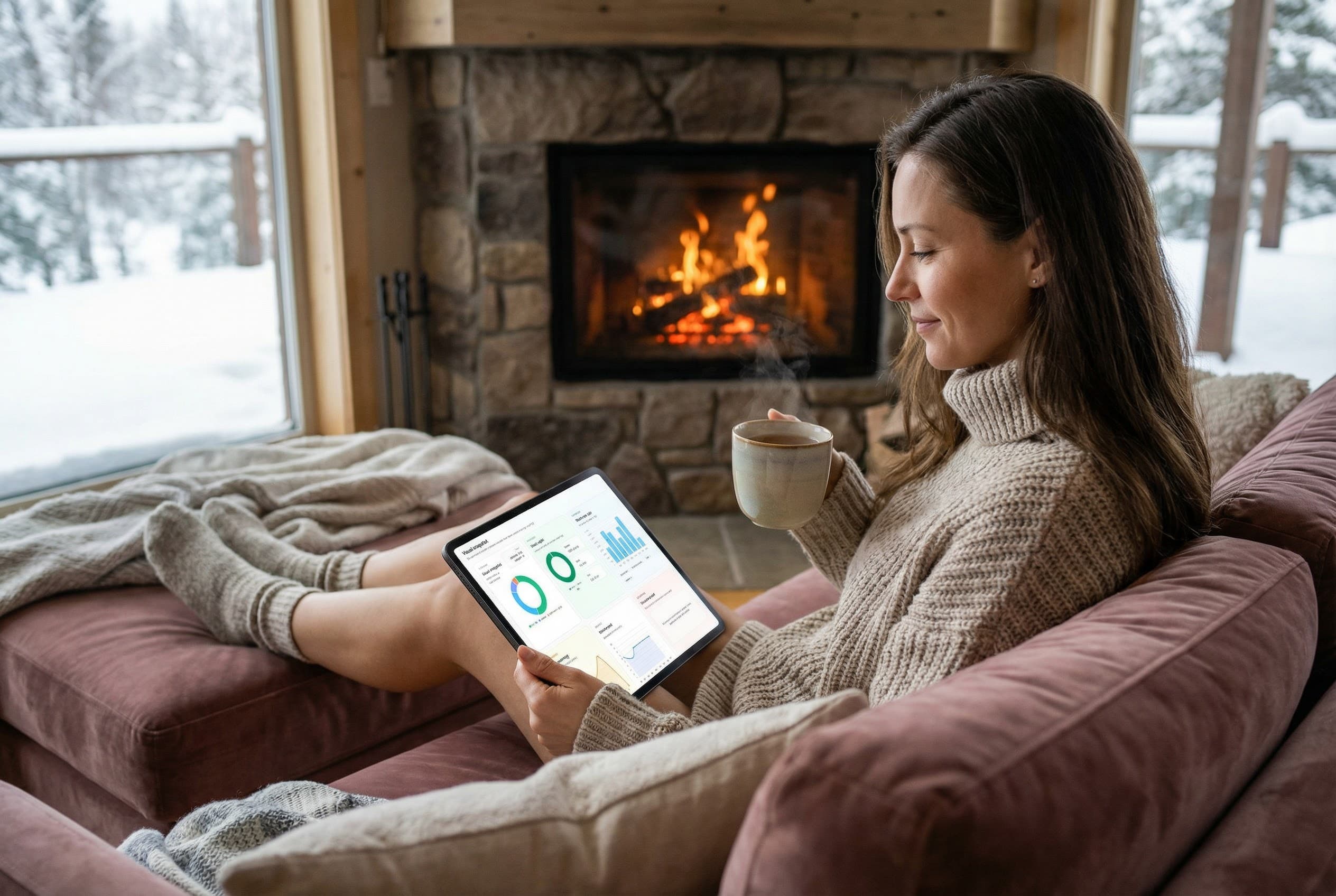 Woman reviewing health insights near a fireplace