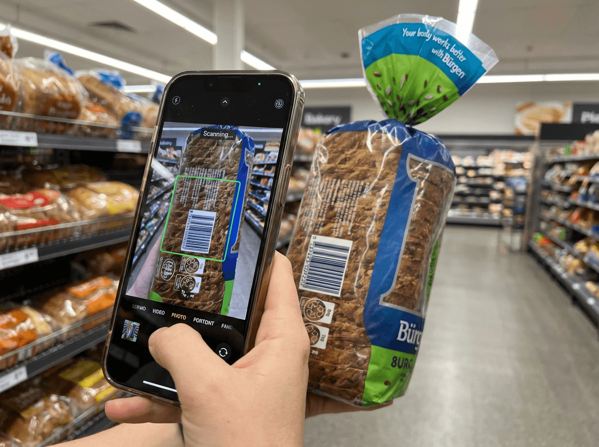 Scanning a packaged bread barcode with the app