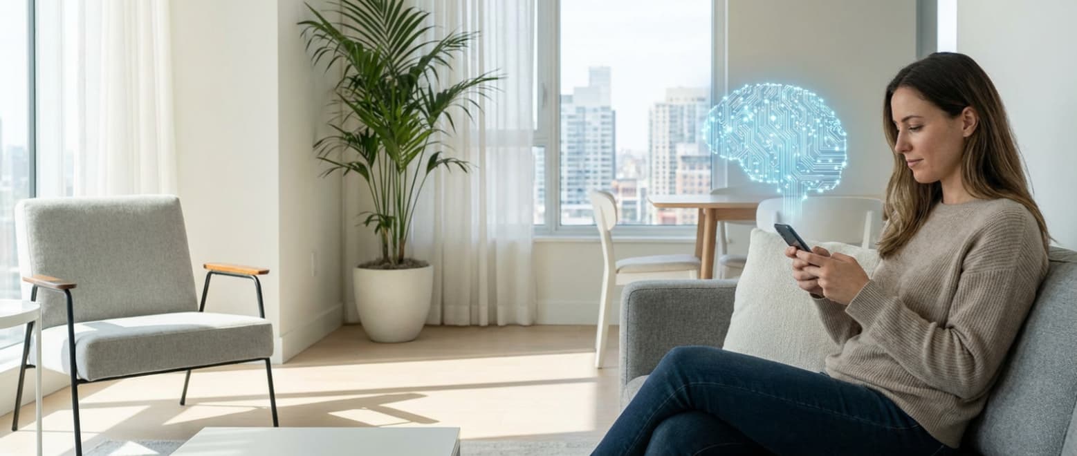 Woman using Talk to Helfi on a couch