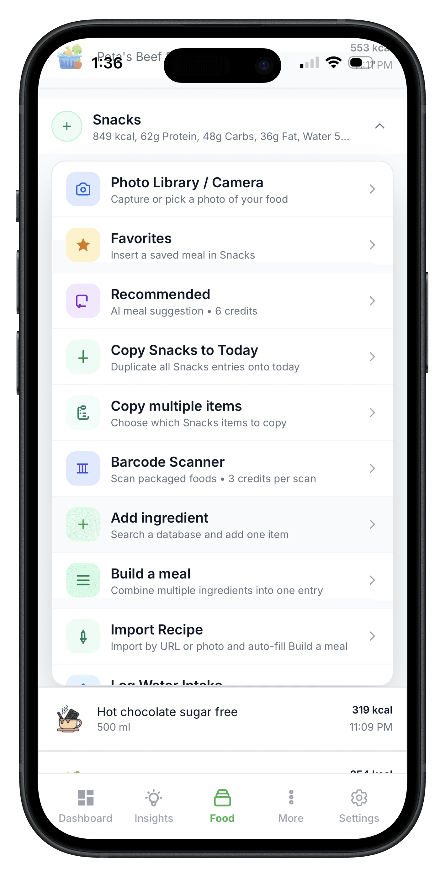 Food menu with favorites and reusable meal options