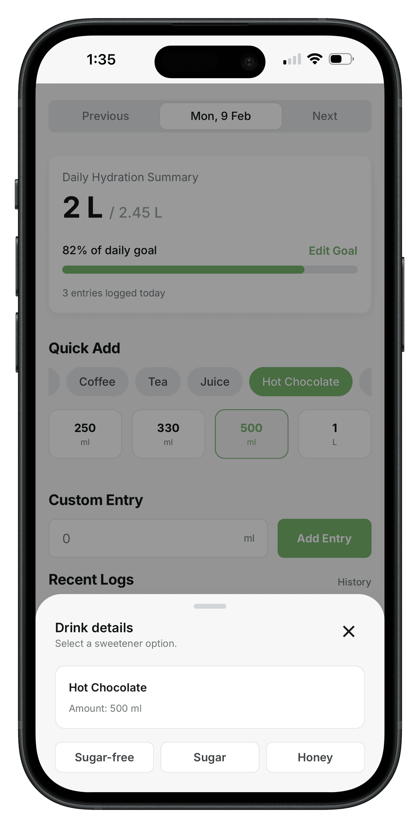 Water logging detail with drink entry